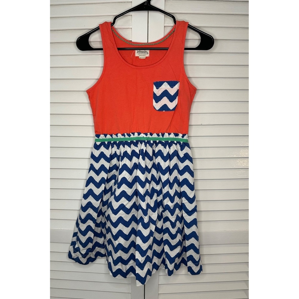 Johnny B Mini Boden Size 13-14Y Coral & Blue White Chevron Knit/Woven Tank Dress